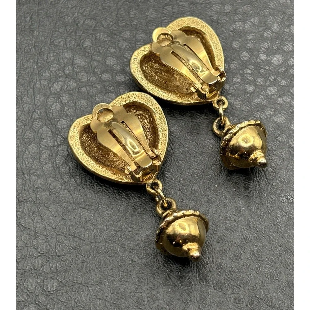 Vintage 80s Chunky Ornate Heart Drop Dangle Bead Clip On Earrings Gold Tone